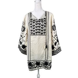 Chico's 2 L Linen/Cotton Peasant Top Cream Black Embroidery Tassels Bell Sleeves